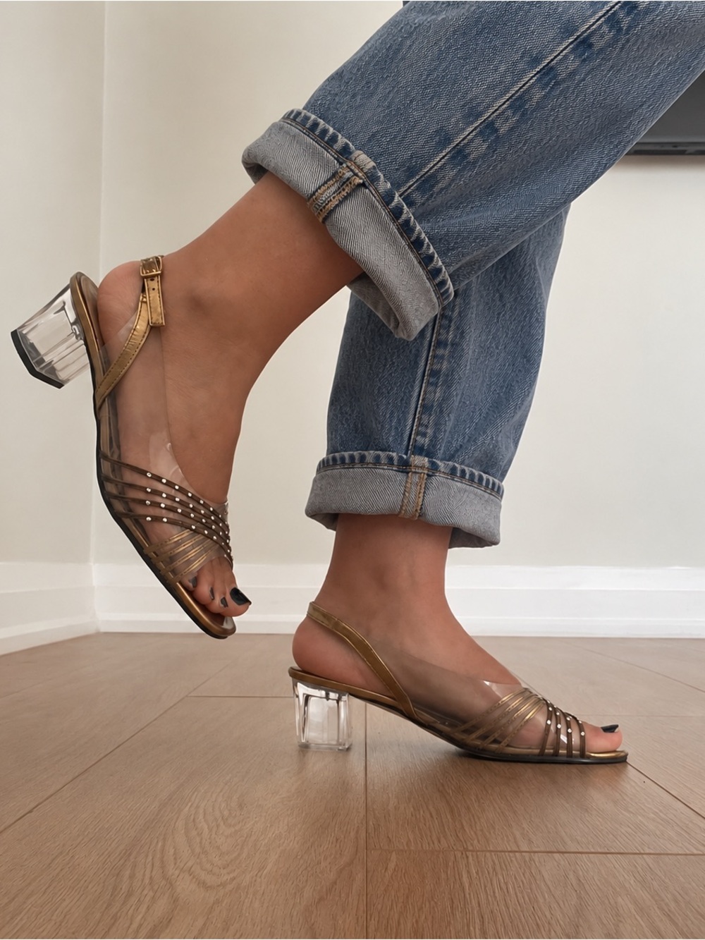 Y2K Annie Gold Rhinestone Clear Block Heel Sandals 7